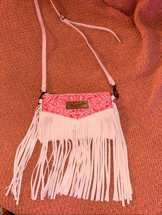 Wrangler Handbags - Wrangler Pink Floral Fringe Crossbody Purse with Taupe Fringe